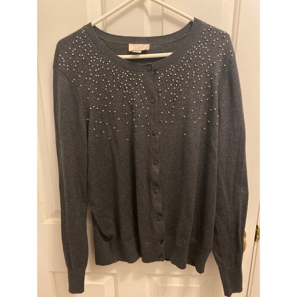 Ann Taylor LOFT Women's Size XL Charcoal Gray Embellished Cardigan Sweater